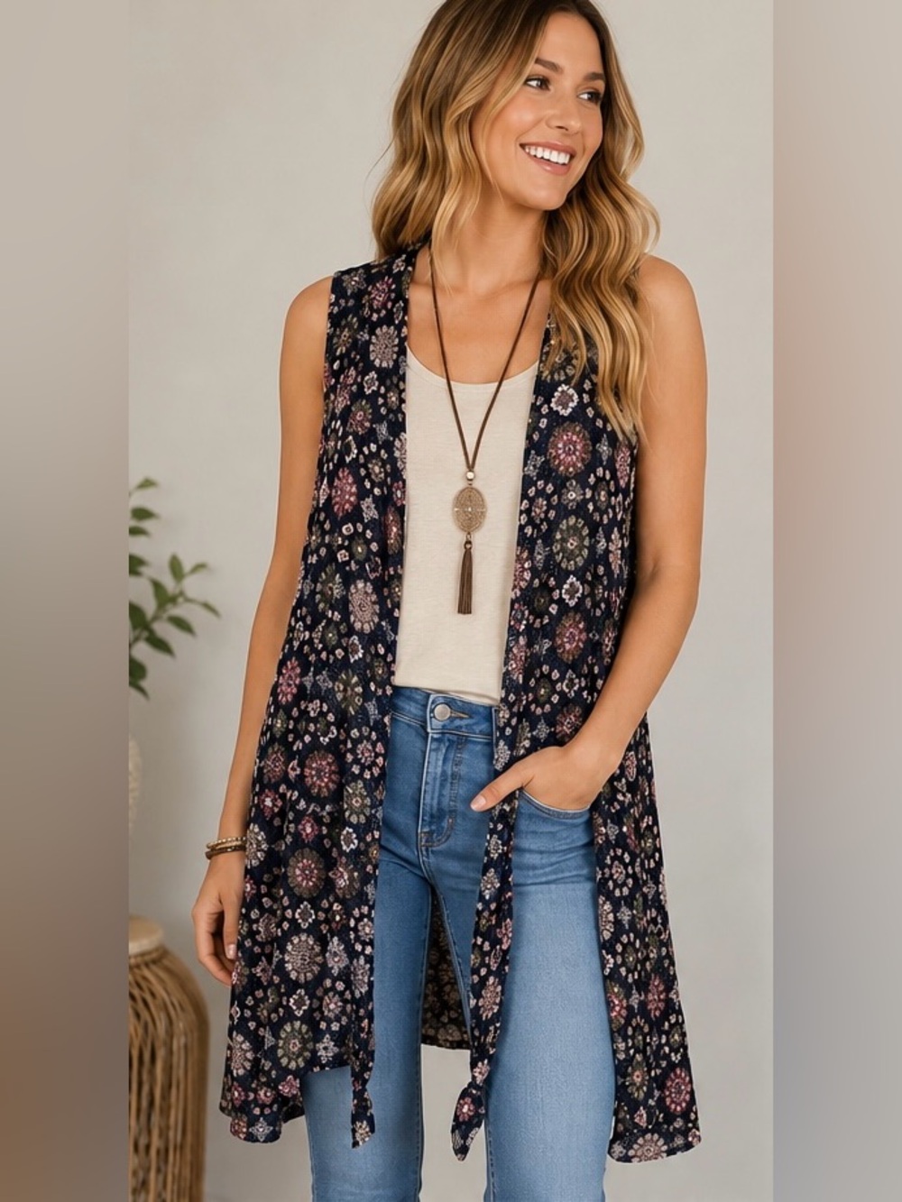 Cato Floral Crochet Tie Front Duster Vest Large Boho Festival